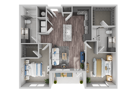 Floor plan for 2 beds, 2 baths, 1038 sqft